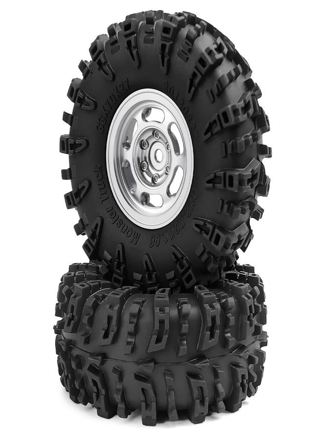 MORFUM 1.3" Beadlock Wheels and Tires Set 1.3inch Aluminium Beadlock Wheel Rims with 70mm Soft Sticky Crawler Mud Terrain Rubber Tires for 1/18 1/24 SCX24 TRX4M RC Car Upgrades (Style B - Silver) - Image 3